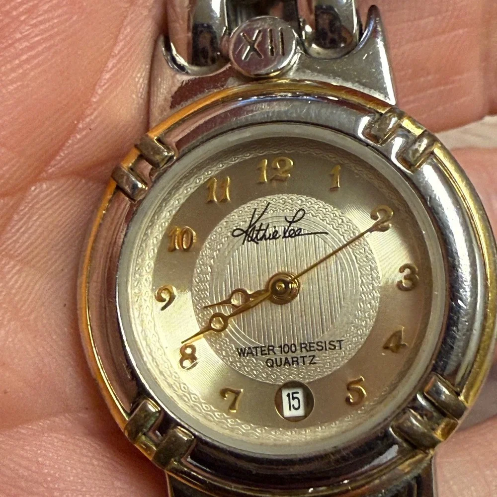 Kathie Lee Two Tone Watch Silver Gold Date Window 77/5051 Quartz Works!